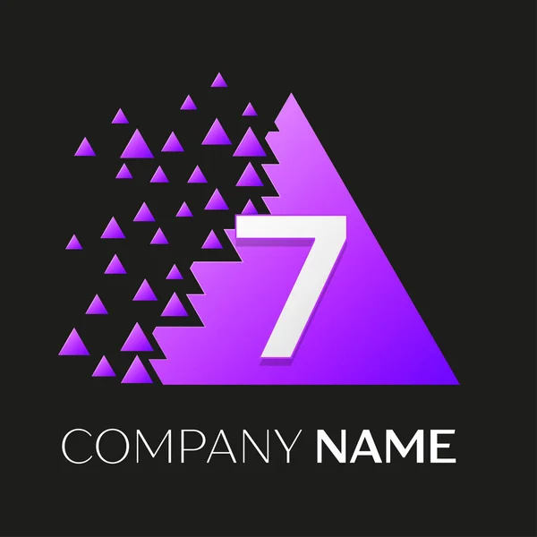 Realistic number seven vector logo symbol in the colorful triangle with shattered blocks on black background. Pixel Motion. Vector template for your design — Stock Vector