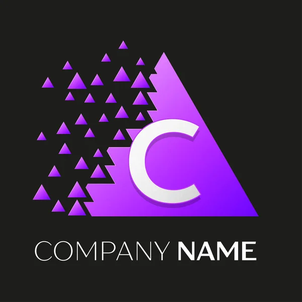 Realistic letter C vector logo symbol in the colorful triangle with shattered blocks on black background. Vector template for your design — Stock Vector