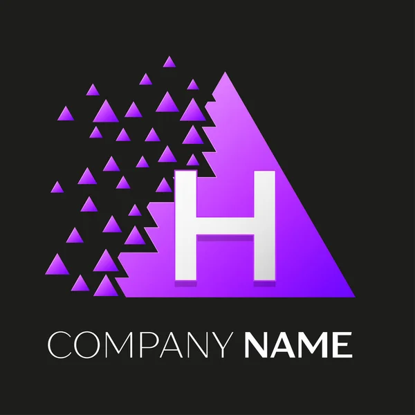 Realistic letter H vector logo symbol in the colorful triangle with shattered blocks on black background. Vector template for your design — Stock Vector