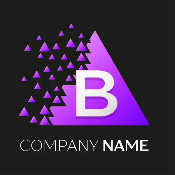 Realistic letter B vector logo symbol in the colorful triangle with shattered blocks on black background. Vector template for your design — Stock Vector