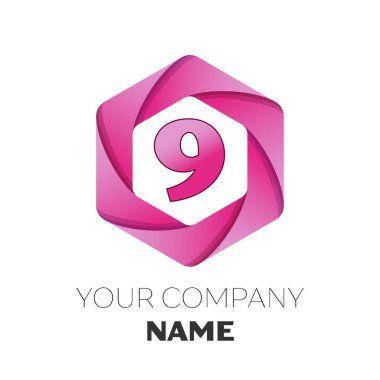 Gerçekçi dokuz numaralı vektör logo simge renkli beyaz zemin üzerine altıgen. Tasarımınız için vektör şablonu