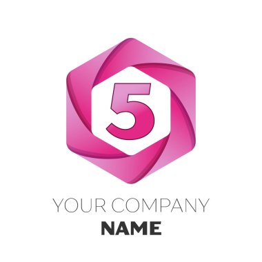 Gerçekçi beş numaralı vektör logo simge renkli beyaz zemin üzerine altıgen. Tasarımınız için vektör şablonu