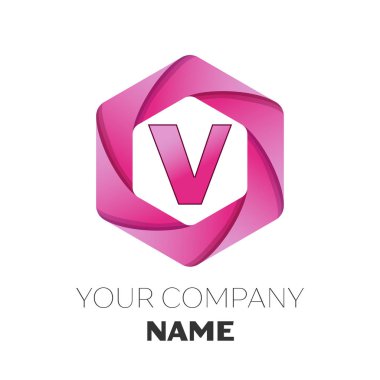 Gerçekçi harf V vektör logo simge renkli beyaz zemin üzerine altıgen. Tasarımınız için vektör şablonu