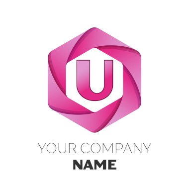 Gerçekçi harf U vektör logo simge renkli beyaz zemin üzerine altıgen. Tasarımınız için vektör şablonu
