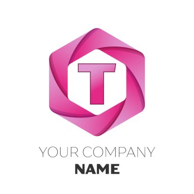 Gerçekçi mektup T vektör logo simge renkli beyaz zemin üzerine altıgen. Tasarımınız için vektör şablonu
