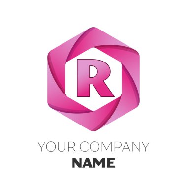 Gerçekçi harf R vektör logo simge renkli beyaz zemin üzerine altıgen. Tasarımınız için vektör şablonu