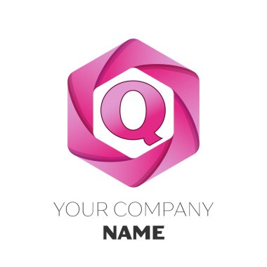 Gerçekçi harf Q vektör logo simge renkli beyaz zemin üzerine altıgen. Tasarımınız için vektör şablonu