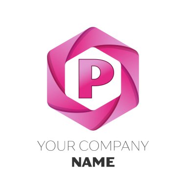 Gerçekçi harf P vektör logo simge renkli beyaz zemin üzerine altıgen. Tasarımınız için vektör şablonu