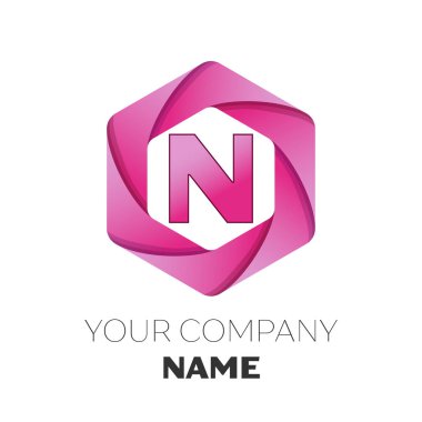 Gerçekçi harf N vektör logo simge renkli beyaz zemin üzerine altıgen. Tasarımınız için vektör şablonu