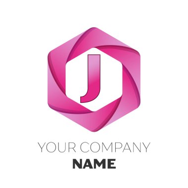 Gerçekçi harf J vektör logo simge renkli beyaz zemin üzerine altıgen. Tasarımınız için vektör şablonu