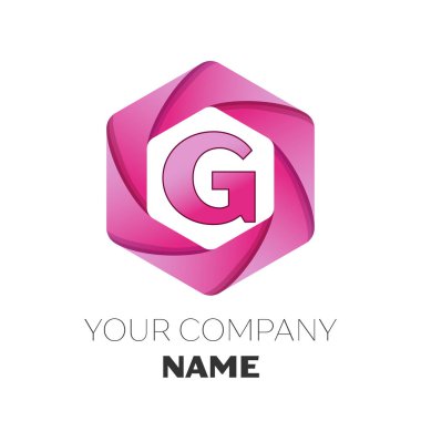 Gerçekçi harf G vektör logo simge renkli beyaz zemin üzerine altıgen. Tasarımınız için vektör şablonu