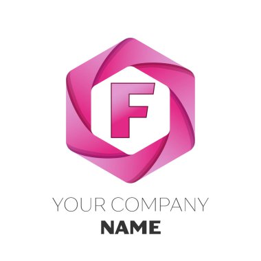 Gerçekçi harf F vektör logo simge renkli beyaz zemin üzerine altıgen. Tasarımınız için vektör şablonu