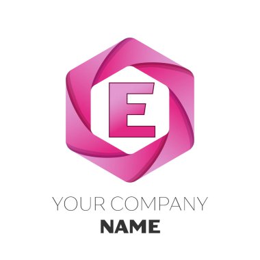 Gerçekçi harf E vektör logo simge renkli beyaz zemin üzerine altıgen. Tasarımınız için vektör şablonu