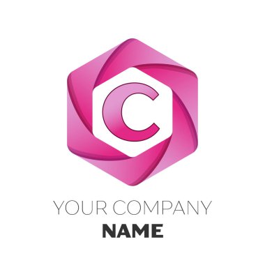 Gerçekçi harf C vektör logo simge renkli beyaz zemin üzerine altıgen. Tasarımınız için vektör şablonu