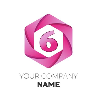 Gerçekçi altı numaralı vektör logo simge renkli beyaz zemin üzerine altıgen. Tasarımınız için vektör şablonu