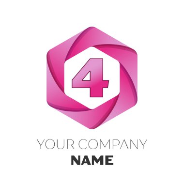 Gerçekçi dört numaralı vektör logo simge renkli beyaz zemin üzerine altıgen. Tasarımınız için vektör şablonu