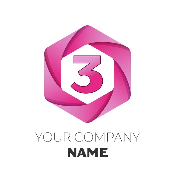 Realistische nummer drie vector logo symbool in de kleurrijke zeshoekige op witte achtergrond. Vector sjabloon voor uw ontwerp — Stockvector