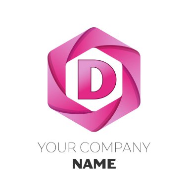 Gerçekçi harf D vektör logo simge renkli beyaz zemin üzerine altıgen. Tasarımınız için vektör şablonu