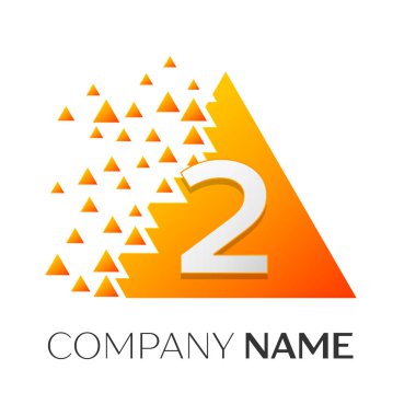 Gerçekçi iki numaralı vektör logo simge ile parçalanmış bloklar beyaz arka plan üzerinde renkli üçgen. Piksel hareket. Tasarımınız için vektör şablonu