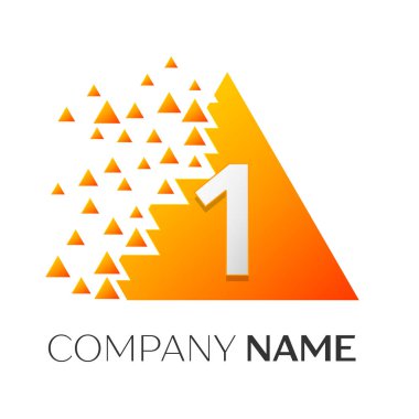 Gerçekçi bir numaralı vektör logo simge ile parçalanmış bloklar beyaz arka plan üzerinde renkli üçgen. Piksel hareket. Tasarımınız için vektör şablonu