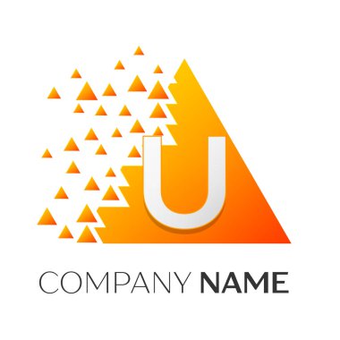 Gerçekçi harf U vektör logo simge ile parçalanmış bloklar beyaz arka plan üzerinde renkli üçgen. Tasarımınız için vektör şablonu