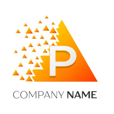 Gerçekçi P harfi ile parçalanmış bloklar beyaz arka plan üzerinde renkli üçgen logo simge vektör. Tasarımınız için vektör şablonu