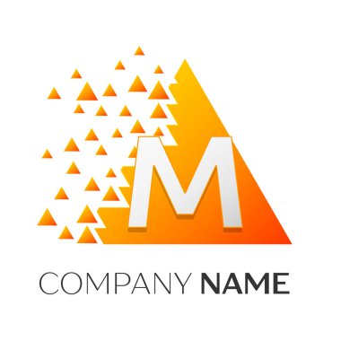 Gerçekçi harf M vektör logo simge ile parçalanmış bloklar beyaz arka plan üzerinde renkli üçgen. Tasarımınız için vektör şablonu