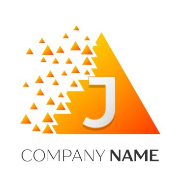 Gerçekçi harf J vektör logo simge ile parçalanmış bloklar beyaz arka plan üzerinde renkli üçgen. Tasarımınız için vektör şablonu