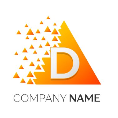 Gerçekçi harf D vektör logo simge ile parçalanmış bloklar beyaz arka plan üzerinde renkli üçgen. Tasarımınız için vektör şablonu