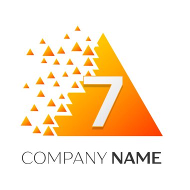 Gerçekçi numara yedi vektör logo simge ile parçalanmış bloklar beyaz arka plan üzerinde renkli üçgen. Piksel hareket. Tasarımınız için vektör şablonu