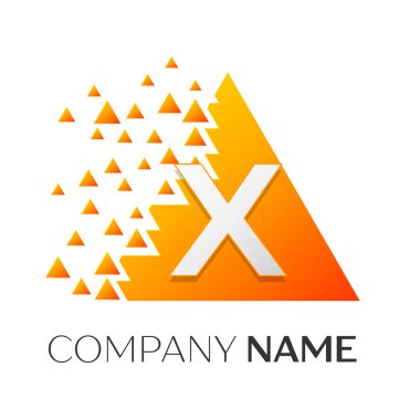 Gerçekçi harf X vektör logo simge ile parçalanmış bloklar beyaz arka plan üzerinde renkli üçgen. Tasarımınız için vektör şablonu