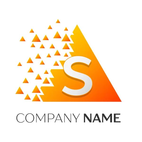 Realistické velké písmeno S vektorové logo symbol v barevný trojúhelník s rozbitým bloky na bílém pozadí. Vektor šablona pro návrh — Stockový vektor