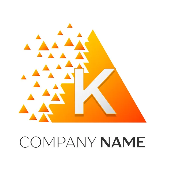 Realistic letter K vector logo symbol in the colorful triangle with shattered blocks on white background. Vector template for your design — Stock Vector