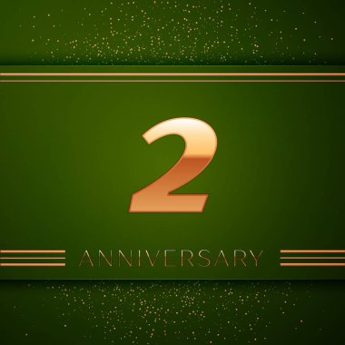 Gerçekçi iki yıl yıldönümü kutlama logo. Golden numaraları ve yeşil zemin üzerine altın konfeti. Doğum günü partin için renkli vektör şablon öğeleri