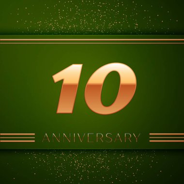 Gerçekçi on yıl yıldönümü kutlama logo. Golden numaraları ve yeşil zemin üzerine altın konfeti. Doğum günü partin için renkli vektör şablon öğeleri