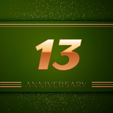 Gerçekçi on üç yıl yıldönümü kutlama logo. Golden numaraları ve yeşil zemin üzerine altın konfeti. Doğum günü partin için renkli vektör şablon öğeleri