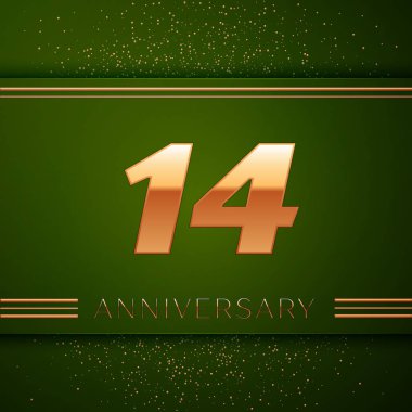Gerçekçi on dört yıl yıldönümü kutlama logo. Golden numaraları ve yeşil zemin üzerine altın konfeti. Doğum günü partin için renkli vektör şablon öğeleri