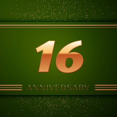 Gerçekçi on altı yıl yıldönümü kutlama logo. Golden numaraları ve yeşil zemin üzerine altın konfeti. Doğum günü partin için renkli vektör şablon öğeleri