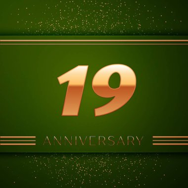 Gerçekçi on dokuz yıl yıldönümü kutlama logo. Golden numaraları ve yeşil zemin üzerine altın konfeti. Doğum günü partin için renkli vektör şablon öğeleri