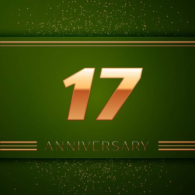 Gerçekçi on yedi yıl yıldönümü kutlama logo. Golden numaraları ve yeşil zemin üzerine altın konfeti. Doğum günü partin için renkli vektör şablon öğeleri