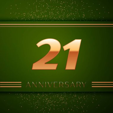 Gerçekçi yirmi bir yıl yıldönümü kutlama logo. Golden numaraları ve yeşil zemin üzerine altın konfeti. Doğum günü partin için renkli vektör şablon öğeleri