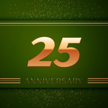 Gerçekçi yirmi beş yıl yıldönümü kutlama logo. Golden numaraları ve yeşil zemin üzerine altın konfeti. Doğum günü partin için renkli vektör şablon öğeleri