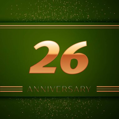 Gerçekçi yirmi altı yıl yıldönümü kutlama logo. Golden numaraları ve yeşil zemin üzerine altın konfeti. Doğum günü partin için renkli vektör şablon öğeleri