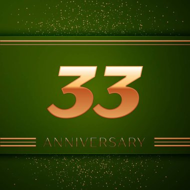 Gerçekçi otuz üç yıl yıldönümü kutlama logo. Golden numaraları ve yeşil zemin üzerine altın konfeti. Doğum günü partin için renkli vektör şablon öğeleri