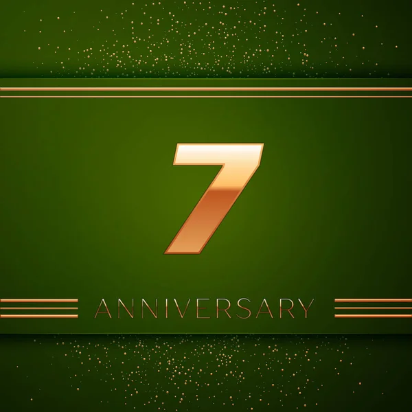Realistiska sju år Anniversary Celebration Logotype. Gyllene nummer och gyllene konfetti på grön bakgrund. Färgglada Vector mall-element för din födelsedagsfest — Stock vektor