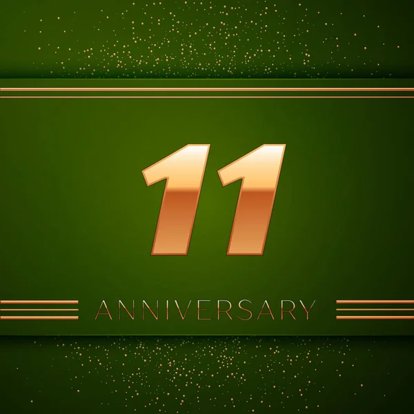 Gerçekçi on bir yıl yıldönümü kutlama logo. Golden numaraları ve yeşil zemin üzerine altın konfeti. Doğum günü partin için renkli vektör şablon öğeleri — Stok Vektör