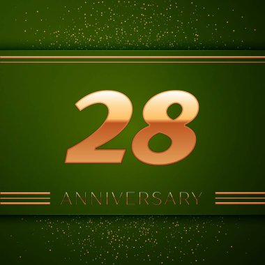 Gerçekçi yirmi sekiz yıl yıldönümü kutlama logo. Golden numaraları ve yeşil zemin üzerine altın konfeti. Doğum günü partin için renkli vektör şablon öğeleri