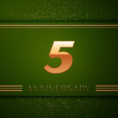 Gerçekçi beş yıl yıldönümü kutlama logo. Golden numaraları ve yeşil zemin üzerine altın konfeti. Doğum günü partin için renkli vektör şablon öğeleri