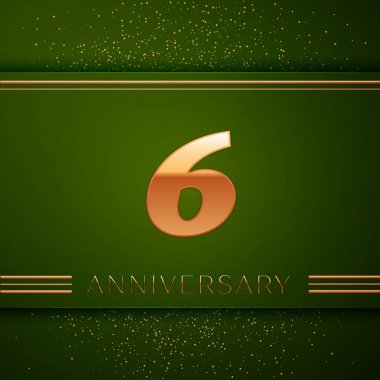 Gerçekçi altı yıl yıldönümü kutlama logo. Golden numaraları ve yeşil zemin üzerine altın konfeti. Doğum günü partin için renkli vektör şablon öğeleri