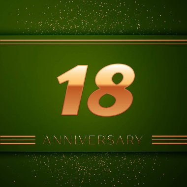 Gerçekçi on sekiz yıl yıldönümü kutlama logo. Golden numaraları ve yeşil zemin üzerine altın konfeti. Doğum günü partin için renkli vektör şablon öğeleri